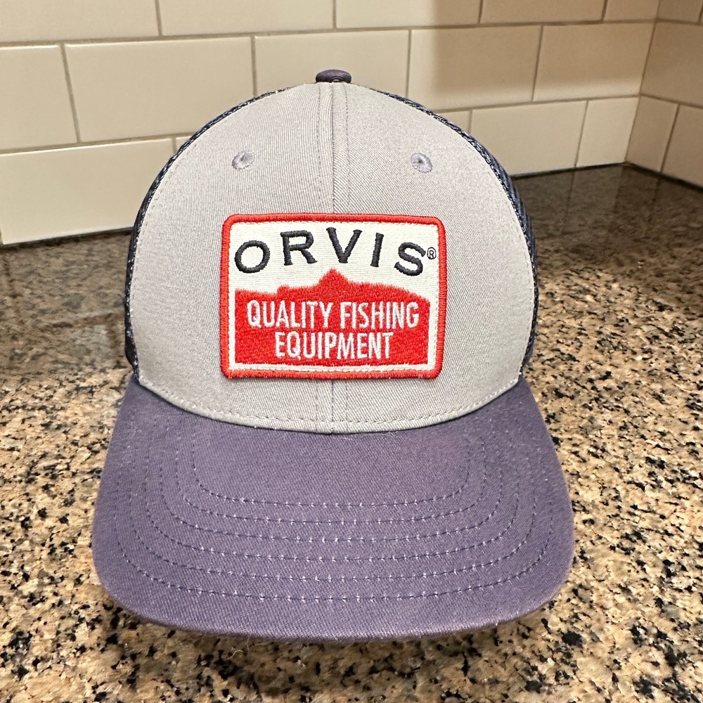 Orvis Trucker Hat Adjustable Snapback Men OS Gray Navy Blue Polyester
